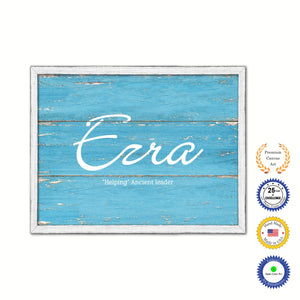 Ezra Name Plate White Wash Wood Frame Canvas Print Boutique Cottage Decor Shabby Chic