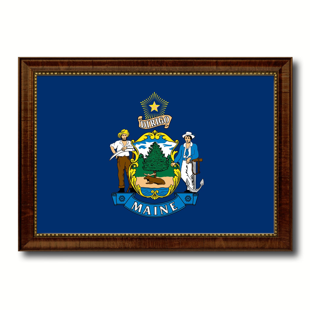 Maine State Flag Canvas Print with Custom Brown Picture Frame Home Decor Wall Art Decoration Gifts