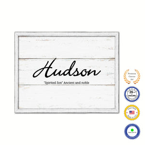 Hudson Name Plate White Wash Wood Frame Canvas Print Boutique Cottage Decor Shabby Chic
