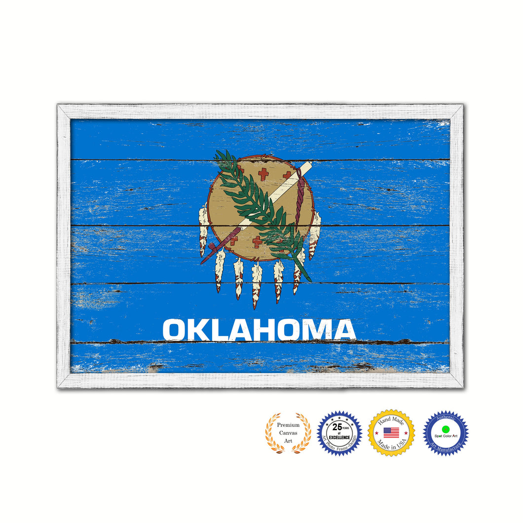 Oklahoma State Flag Shabby Chic Gifts Home Decor Wall Art Canvas Print, White Wash Wood Frame