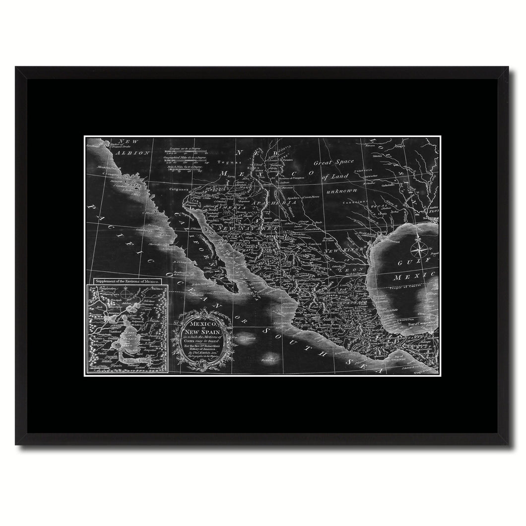 Mexico Vintage Monochrome Map Canvas Print, Gifts Picture Frames Home Decor Wall Art