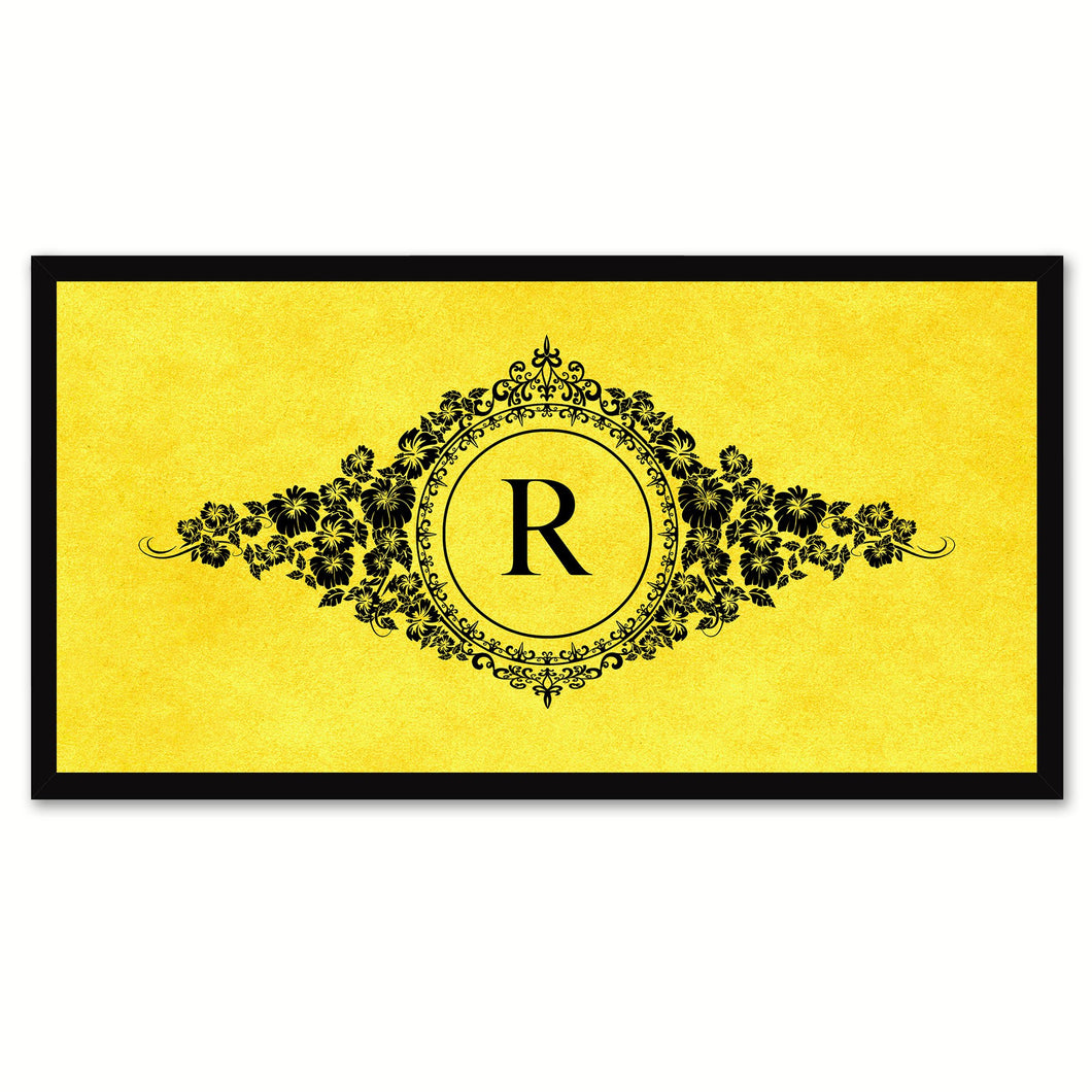 Alphabet Letter R Yellow Canvas Print, Black Custom Frame