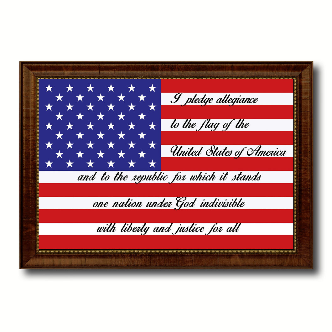 The Pledge of Allegiance American USA Flag Canvas Print with Brown Picture Frame Home Decor Wall Art Gift Ideas