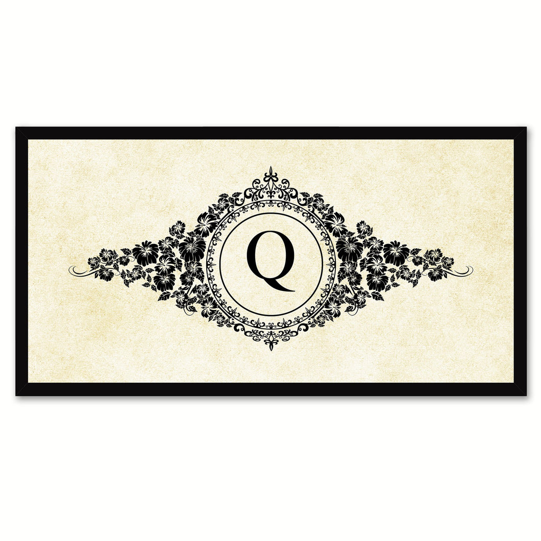 Alphabet Letter Q White Canvas Print, Black Custom Frame