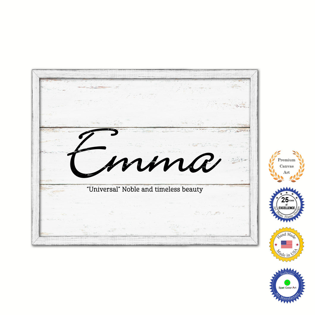 Emma Name Plate White Wash Wood Frame Canvas Print Boutique Cottage Decor Shabby Chic
