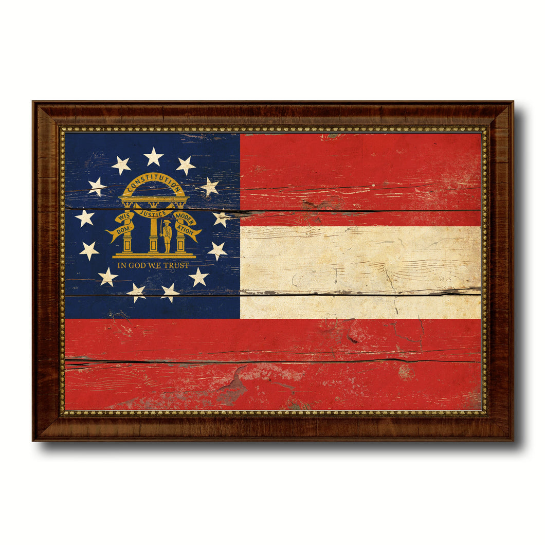 Georgia State Vintage Flag Canvas Print with Brown Picture Frame Home Decor Man Cave Wall Art Collectible Decoration Artwork Gifts