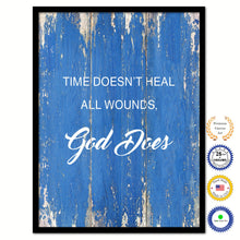 Load image into Gallery viewer, Time doesn&#39;t heal all wounds God does Bible Verse Scripture Quote Blue Canvas Print with Picture Frame
