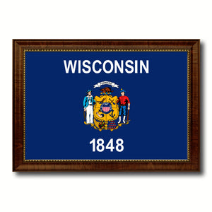 Wisconsin State Flag Canvas Print with Custom Brown Picture Frame Home Decor Wall Art Decoration Gifts