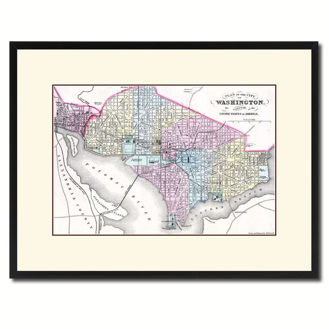 Washington DC Vintage Antique Map Wall Art Home Decor Gift Ideas Canvas Print Custom Picture Frame