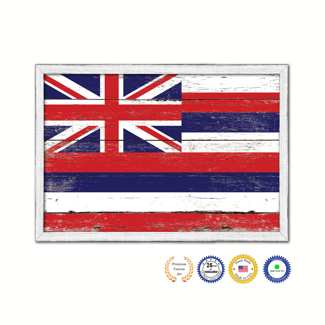 Hawaii State Flag Shabby Chic Gifts Home Decor Wall Art Canvas Print, White Wash Wood Frame