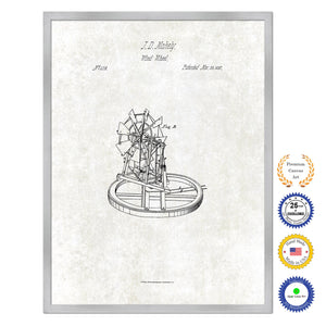 1837 Farming Wind Wheel Antique Patent Artwork Silver Framed Canvas Print Home Office Decor Great for Farmer Milk Lover Cattle Rancher