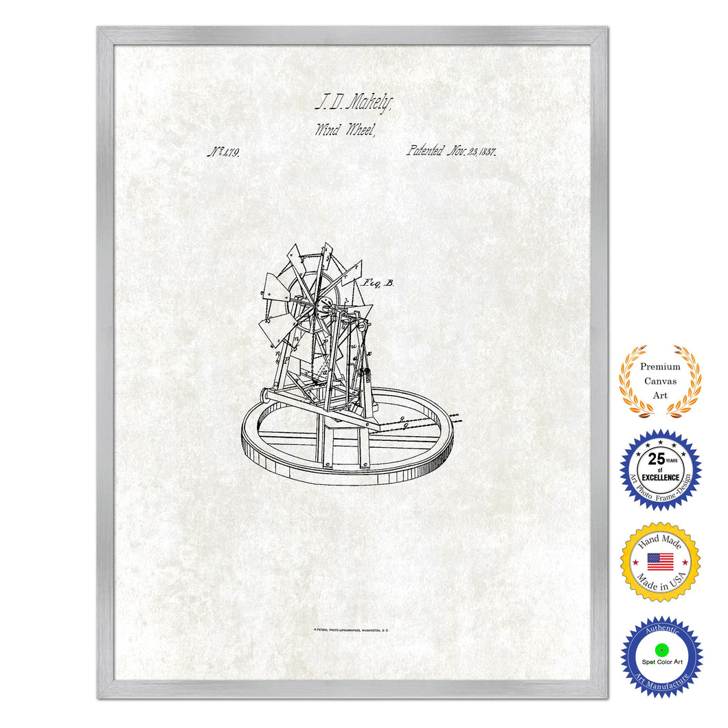 1837 Farming Wind Wheel Antique Patent Artwork Silver Framed Canvas Print Home Office Decor Great for Farmer Milk Lover Cattle Rancher
