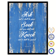 Load image into Gallery viewer, Seek and You Shall Find - Matthew 7:7 Bible Verse Scripture Quote Blue Canvas Print with Picture Frame

