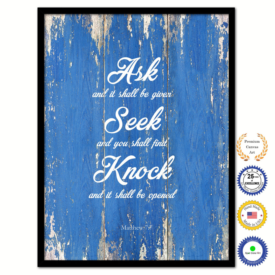 Seek and You Shall Find - Matthew 7:7 Bible Verse Scripture Quote Blue Canvas Print with Picture Frame