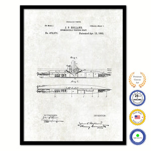 1892 Submergible Torpedo Boat Old Patent Art Print on Canvas Custom Framed Vintage Home Decor Wall Decoration Great for Gifts
