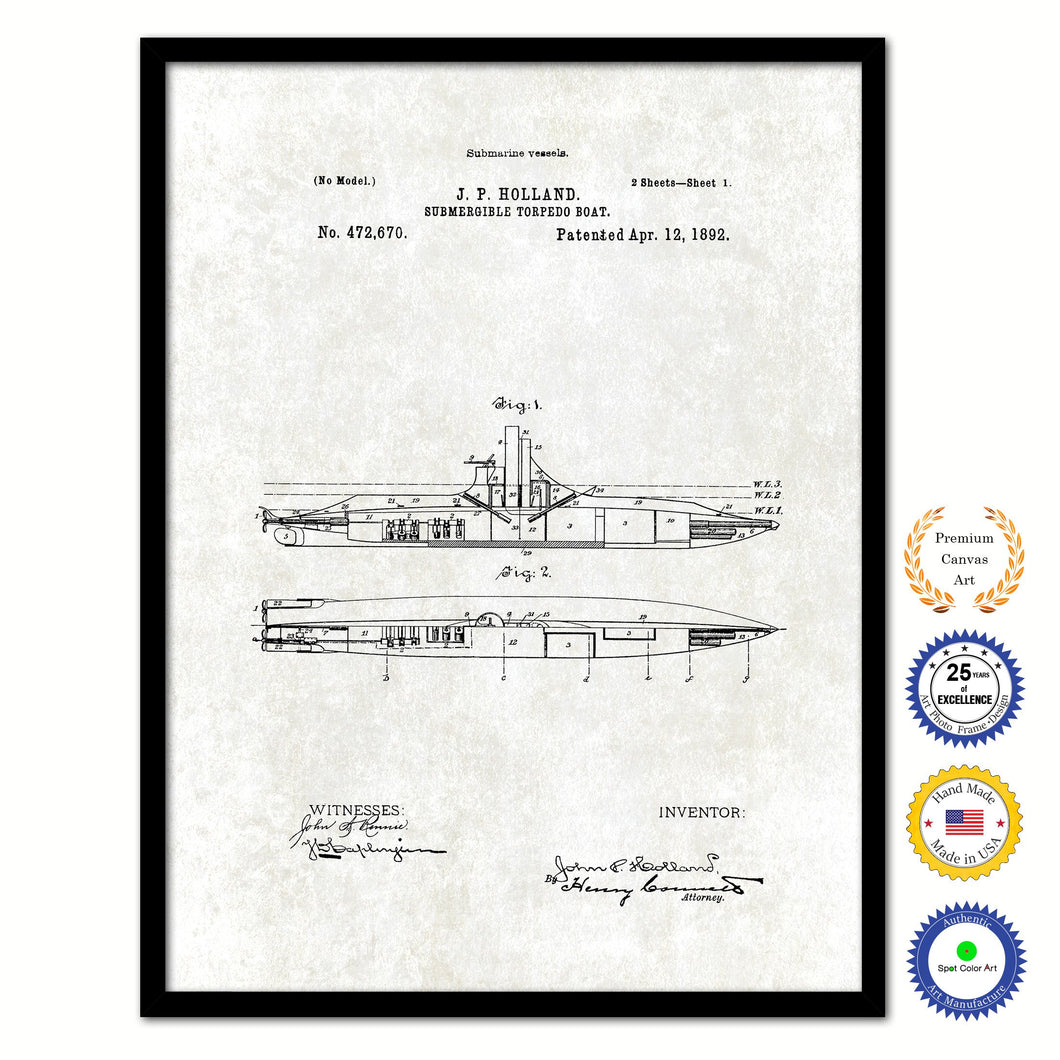 1892 Submergible Torpedo Boat Old Patent Art Print on Canvas Custom Framed Vintage Home Decor Wall Decoration Great for Gifts