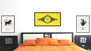 Alphabet Letter U Yellow Canvas Print, Black Custom Frame