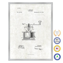 Load image into Gallery viewer, 1891 Coffee Mill Grinder Antique Patent Artwork Silver Framed Canvas Print Home Office Decor Great for Coffee Spice Lover Cafe Shop

