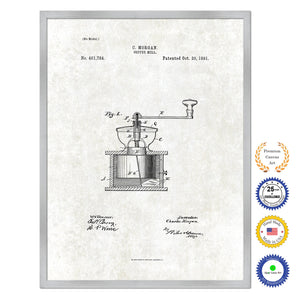 1891 Coffee Mill Grinder Antique Patent Artwork Silver Framed Canvas Print Home Office Decor Great for Coffee Spice Lover Cafe Shop