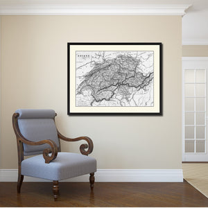 Switzerland Vintage B&W Map Canvas Print, Picture Frame Home Decor Wall Art Gift Ideas