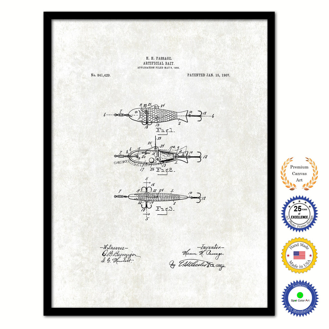 1907 Fishing Artificial Bait Vintage Patent Artwork Black Framed Canvas Print Home Office Decor Great for Fisherman Cabin Lake House