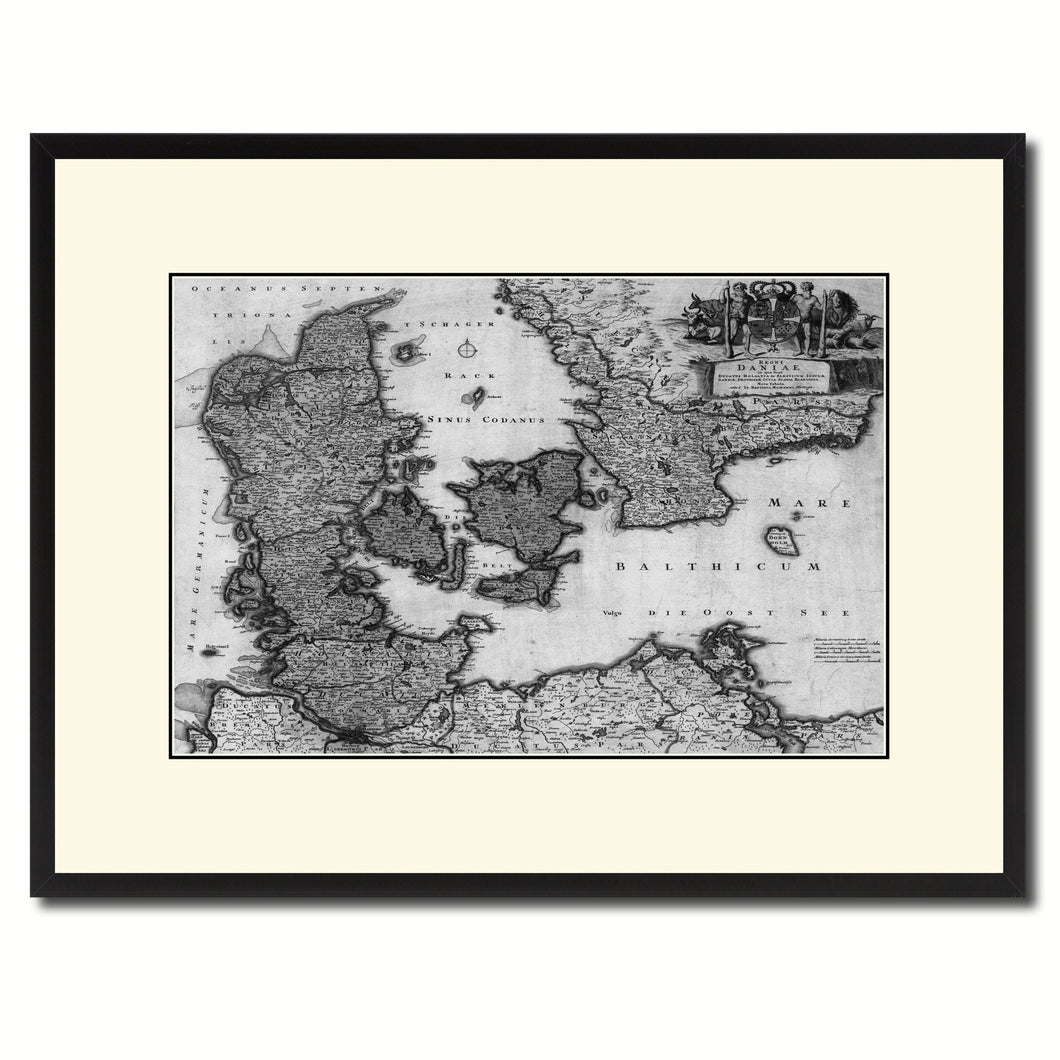 Denmark Centuries Vintage B&W Map Canvas Print, Picture Frame Home Decor Wall Art Gift Ideas