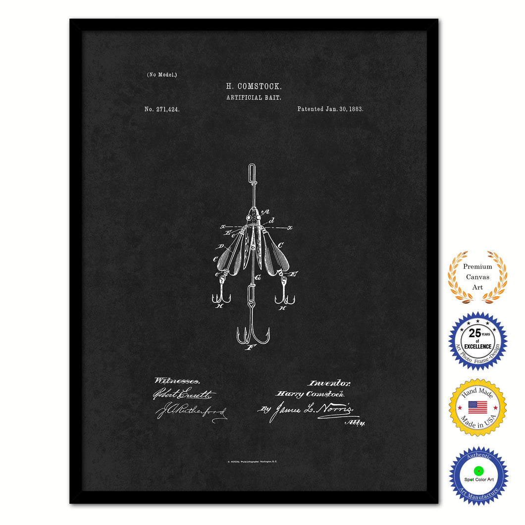 1883 Fishing Artificial Bait Vintage Patent Artwork Black Framed Canvas Home Office Decor Great for Fisherman Cabin Lake House