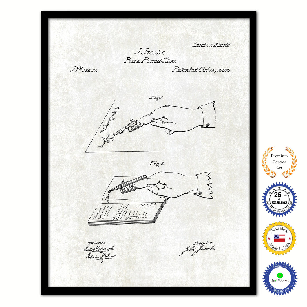 1862 Pen and Pencil Case Old Patent Art Print on Canvas Custom Framed Vintage Home Decor Wall Decoration Great for Gifts