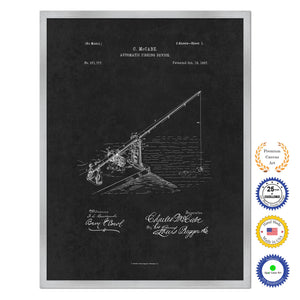 1887 Fishing Automatic Fishing Device Antique Patent Artwork Silver Framed Canvas Home Office Decor Great for Fisherman Cabin Lake House