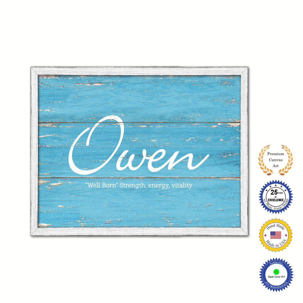 Owen Name Plate White Wash Wood Frame Canvas Print Boutique Cottage Decor Shabby Chic