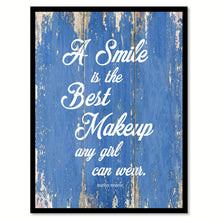 Load image into Gallery viewer, A smile is the best makeup any girl can wear - Marilyn Monroe  Inspirational Quote Saying Canvas Print with Picture Frame Home Decor Wall Art, Blue
