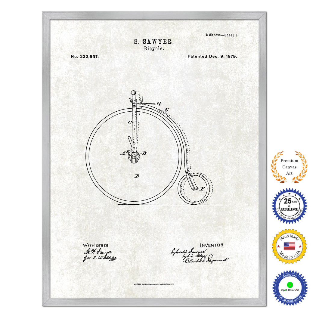 1879 Bicycle Old Patent Art Print on Canvas Custom Framed Vintage Home Decor Wall Decoration Great for Gifts