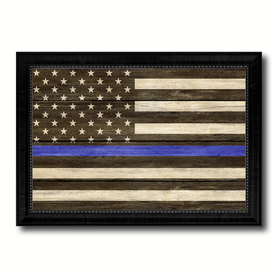 Thin Blue Line Honoring our Men and Women of Law Enforcement American Police USA Flag Texture Canvas Print with Black Picture Frame Gift Ideas Home Decor Wall Art