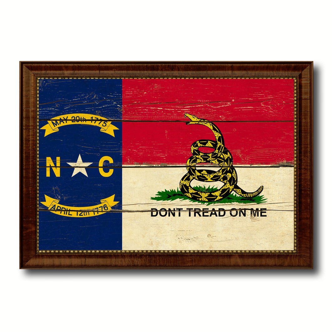 Gadsden Don't Tread On Me North Carolina State Military Flag Vintage Canvas Print with Brown Picture Frame Gifts Ideas Home Decor Wall Art Decoration