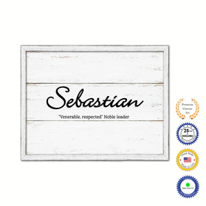 Sebastian Name Plate White Wash Wood Frame Canvas Print Boutique Cottage Decor Shabby Chic