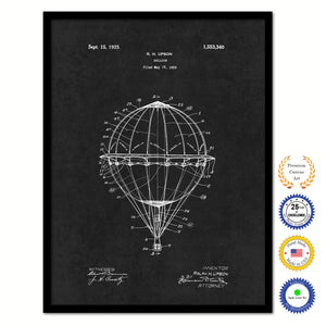 1925 Hot Air Balloon Vintage Patent Artwork Black Framed Canvas Home Office Decor Great Gift for Hot Air Balloon Lover