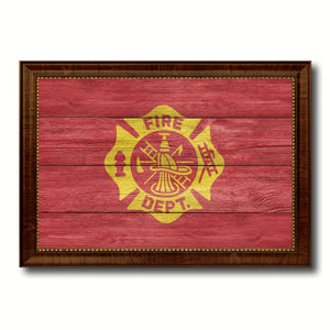 Fire Department Fire Fighter USA Flag Texture Canvas Print with Brown Picture Frame Home Decor Wall Art Gifts
