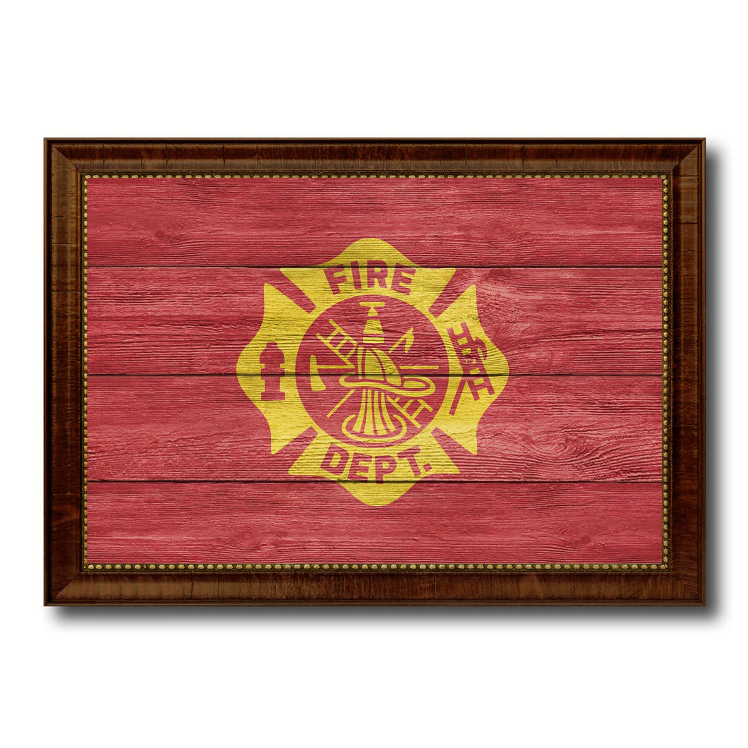 Fire Department Fire Fighter USA Flag Texture Canvas Print with Brown Picture Frame Home Decor Wall Art Gifts