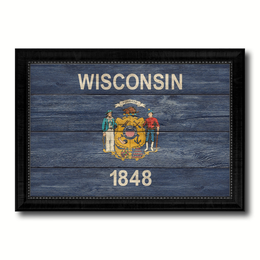 Wisconsin State Flag Texture Canvas Print with Black Picture Frame Home Decor Man Cave Wall Art Collectible Decoration Artwork Gifts