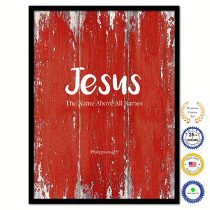 Jesus the name above all names - Philippians 2:9 Bible Verse Scripture Quote Red Canvas Print with Picture Frame