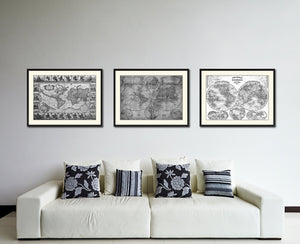 World Vintage B&W Map Canvas Print, Picture Frame Home Decor Wall Art Gift Ideas