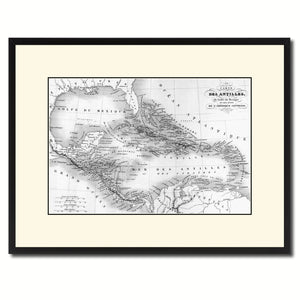 West Indies Caribbean Vintage B&W Map Canvas Print, Picture Frame Home Decor Wall Art Gift Ideas