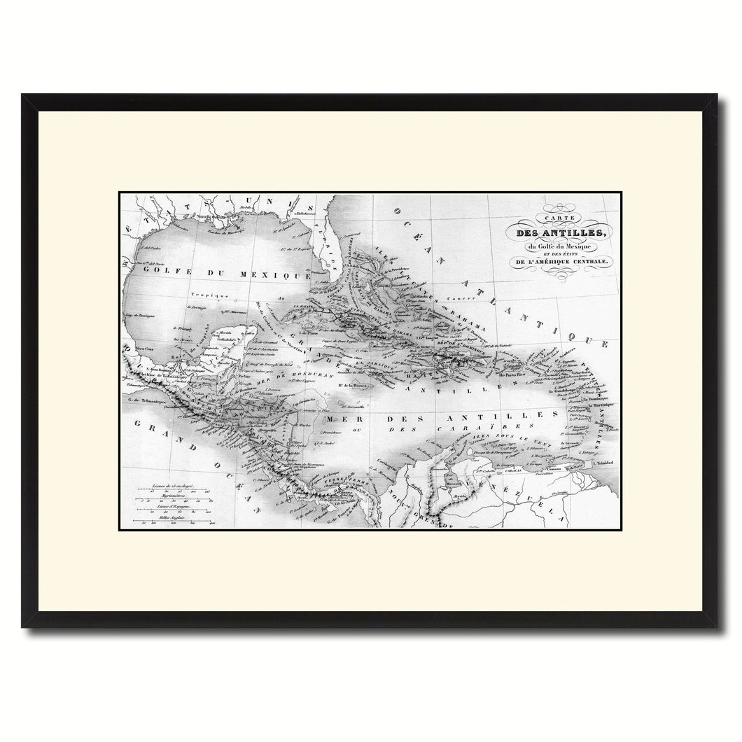 West Indies Caribbean Vintage B&W Map Canvas Print, Picture Frame Home Decor Wall Art Gift Ideas
