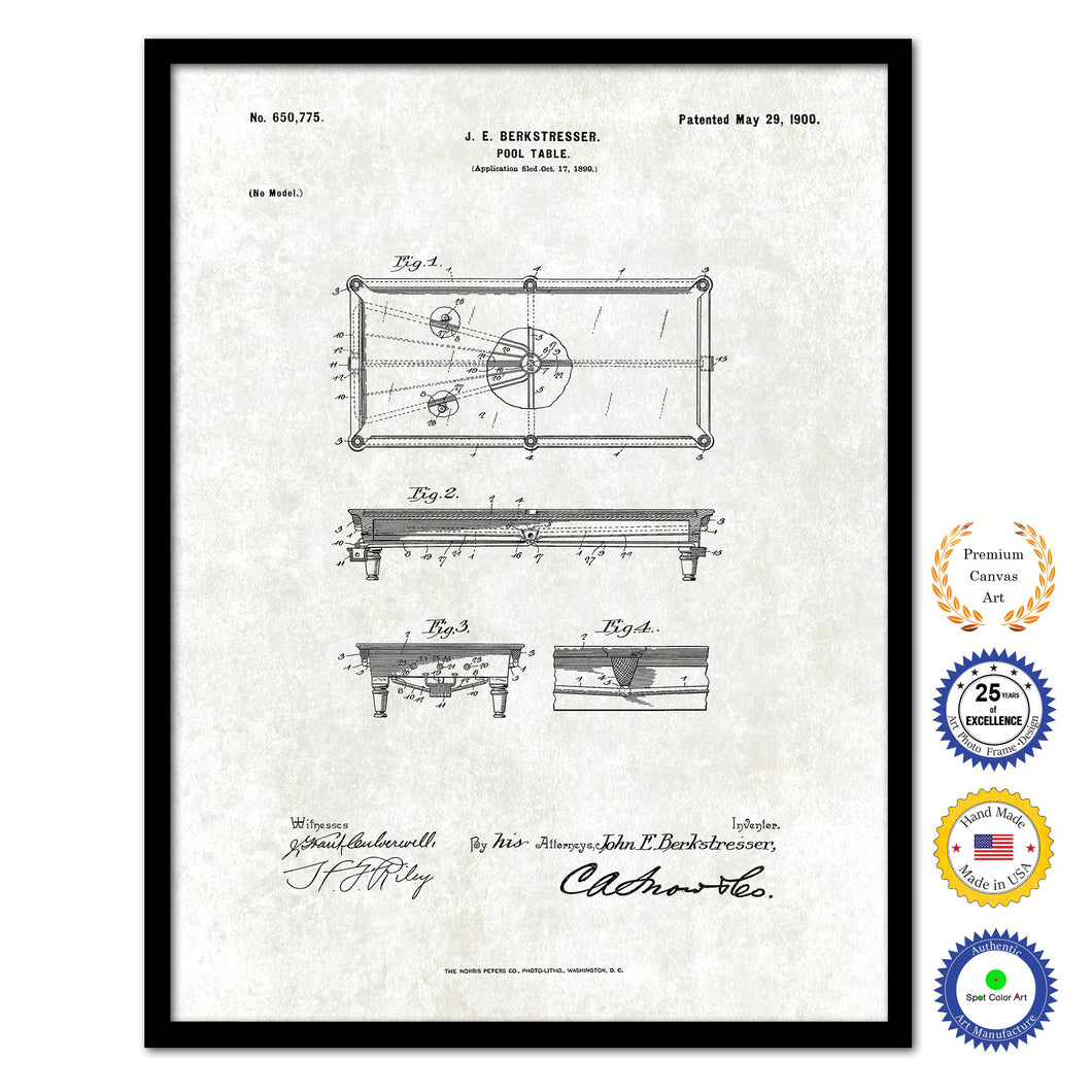 1900 Billiards Pool Table Old Patent Art Print on Canvas Custom Framed Vintage Home Decor Wall Decoration Great for Gifts