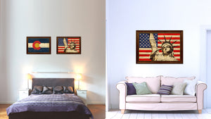 Statue of Liberty American Flag Texture Canvas Print with Brown Picture Frame Gifts Home Decor Wall Art Collectible Decoration Artwork