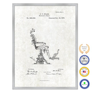1879 Dentist's Chair Antique Patent Artwork Silver Framed Canvas Print Home Office Decor Great for Dentist Orthodontist