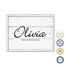 Load image into Gallery viewer, Olivia Name Plate White Wash Wood Frame Canvas Print Boutique Cottage Decor Shabby Chic
