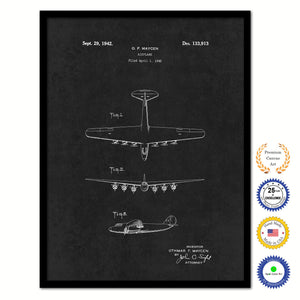 1942 Airplane Vintage Patent Artwork Black Framed Canvas Home Office Decor Great for Pilot Gift