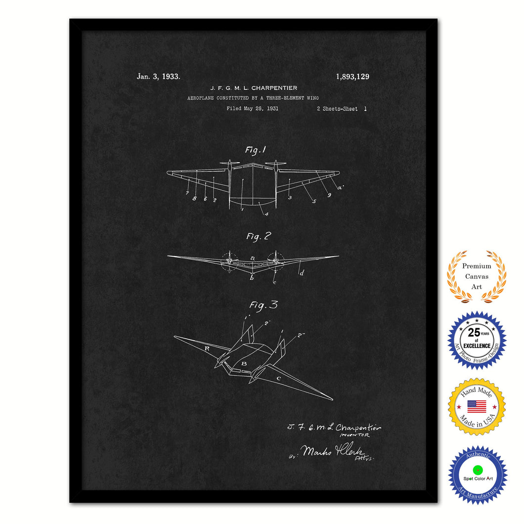 1933 Three Element Wing Airplane Vintage Patent Artwork Black Framed Canvas Home Office Decor Great for Pilot Gift