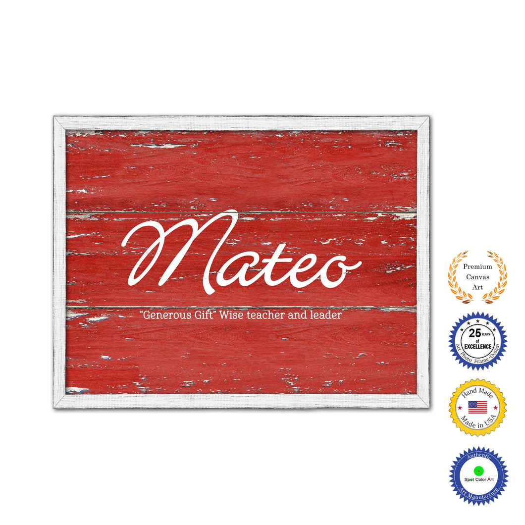 Mateo Name Plate White Wash Wood Frame Canvas Print Boutique Cottage Decor Shabby Chic
